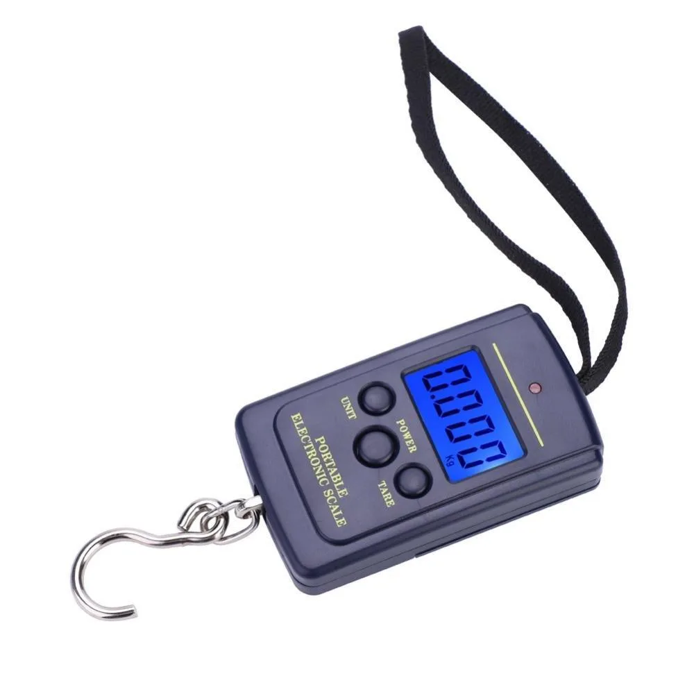 Blue plastic digital fishing scale with LCD display and hanging hook, 8.5 by 5 by 2 centimetres