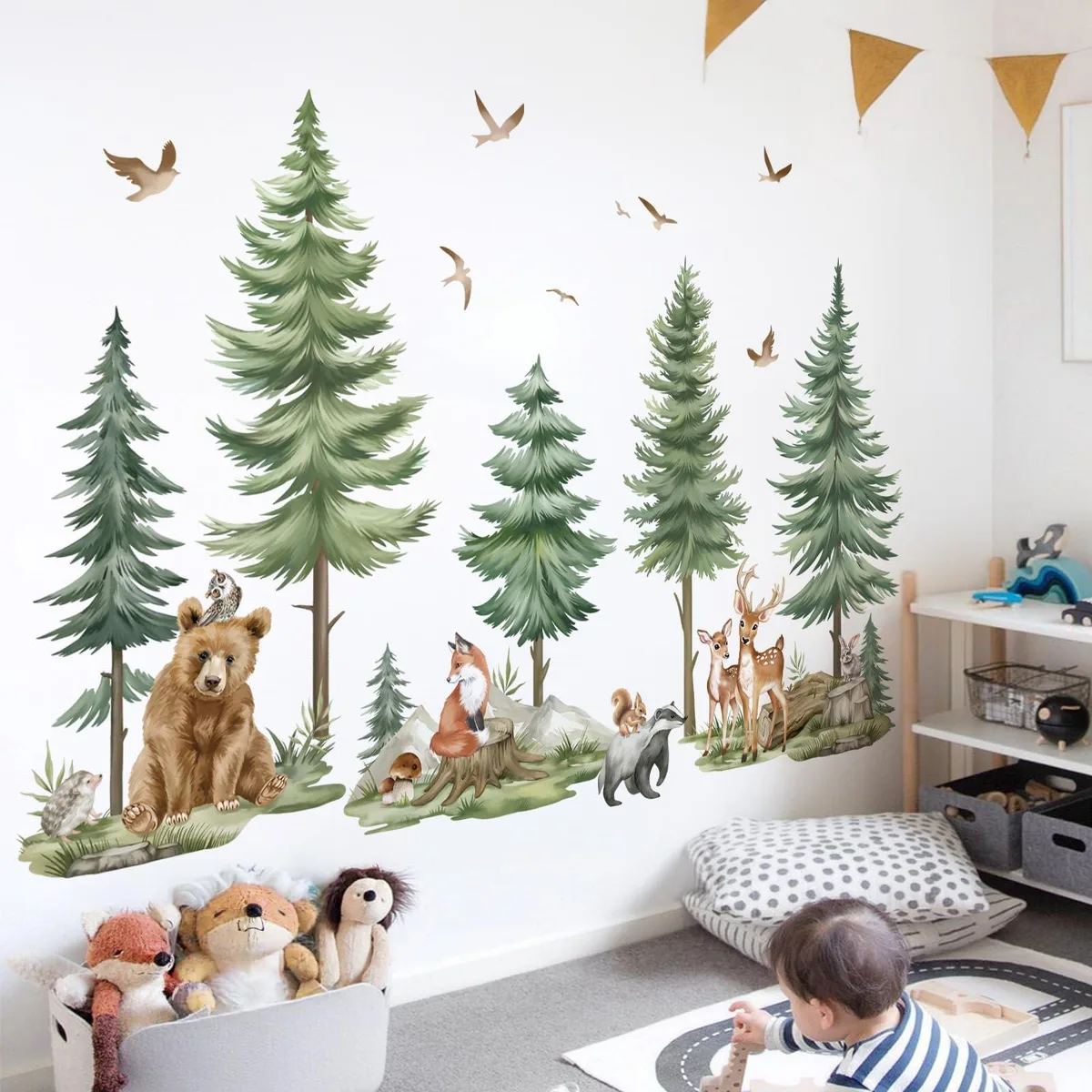 Four rectangular vinyl sheets with a pine tree forest and animals design, matte multi-coloured finish