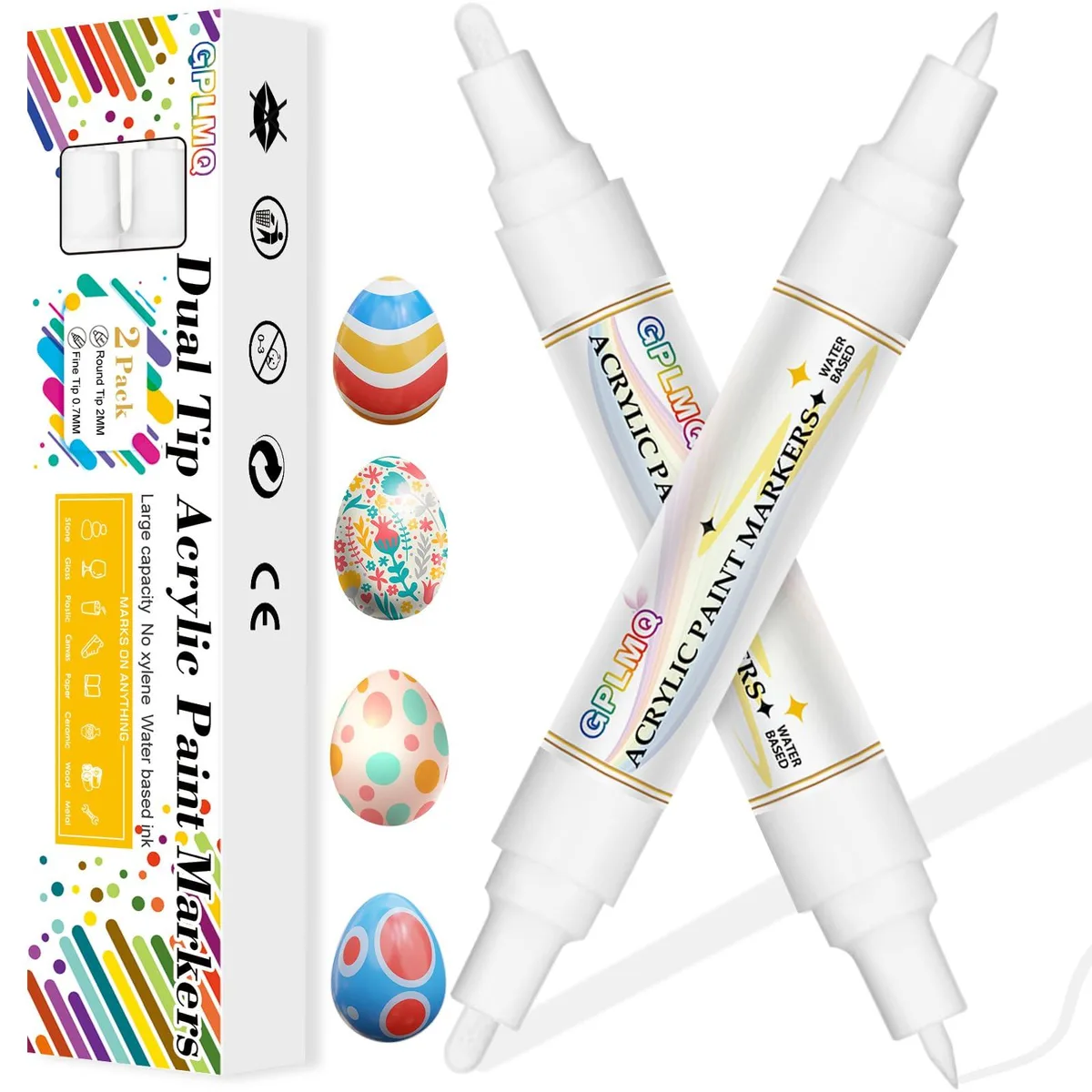 Two white dual-tip acrylic paint markers with 0.7mm and 3mm tips