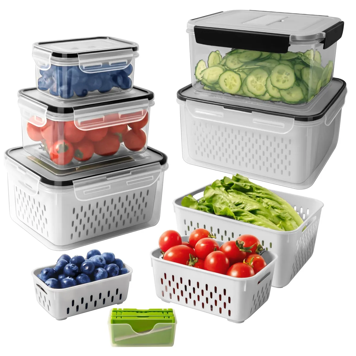 Five red rectangular containers with matching lids and colanders, stacked together