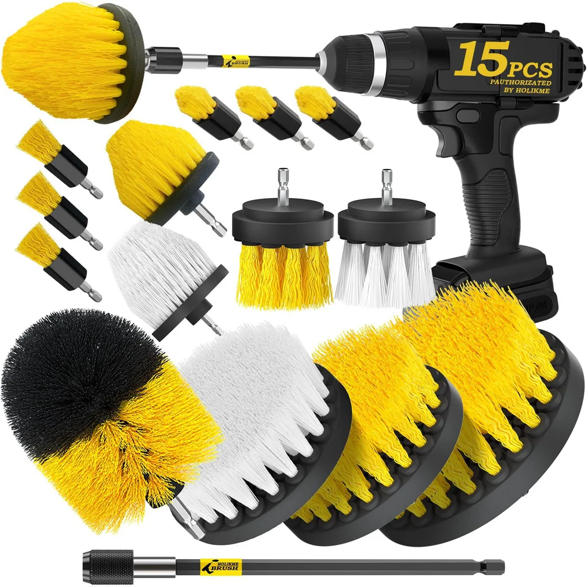 15-piece drill brush attachment set with 14 nylon brushes and extension rod, white