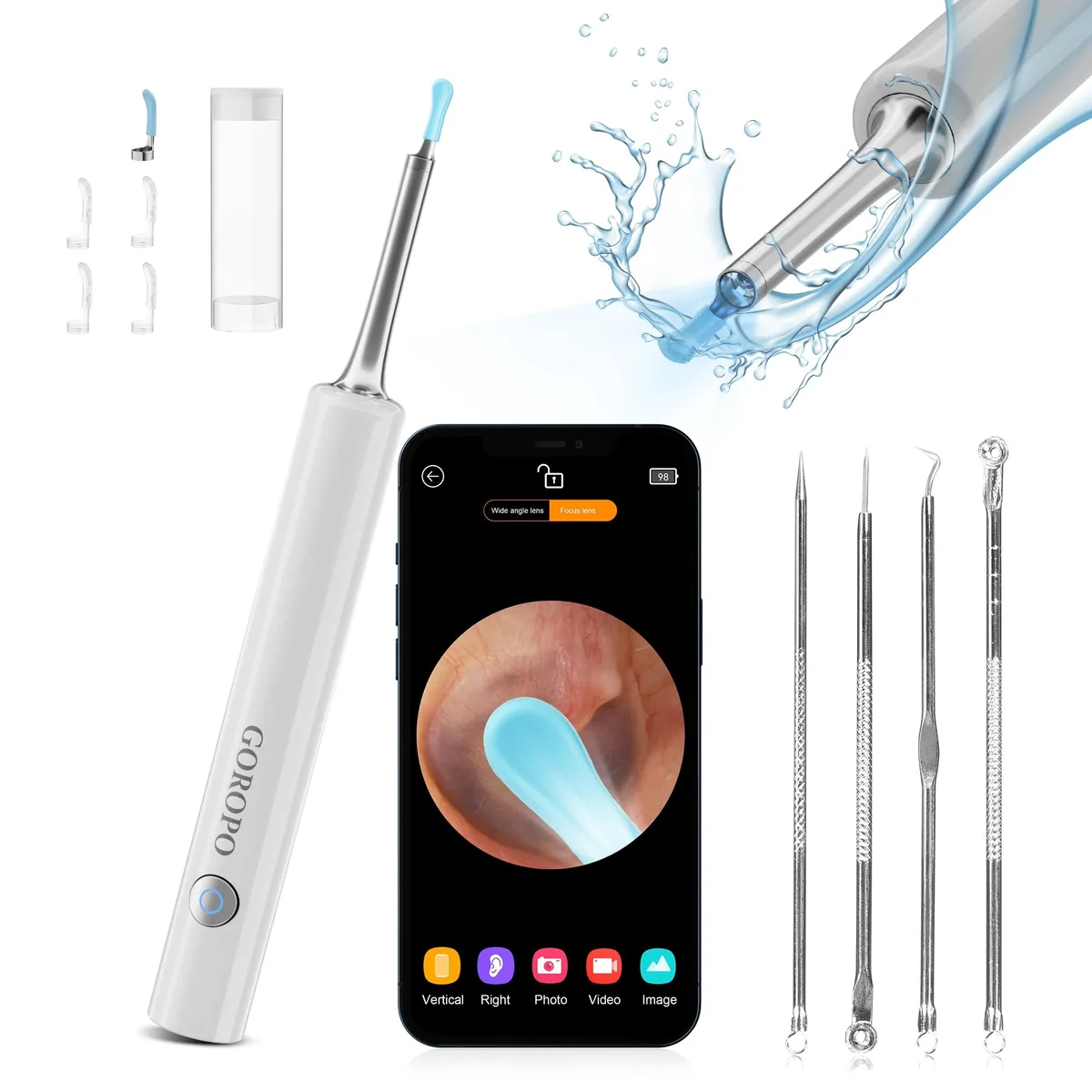 White wireless ear otoscope with 6 LED lights and silicone tip