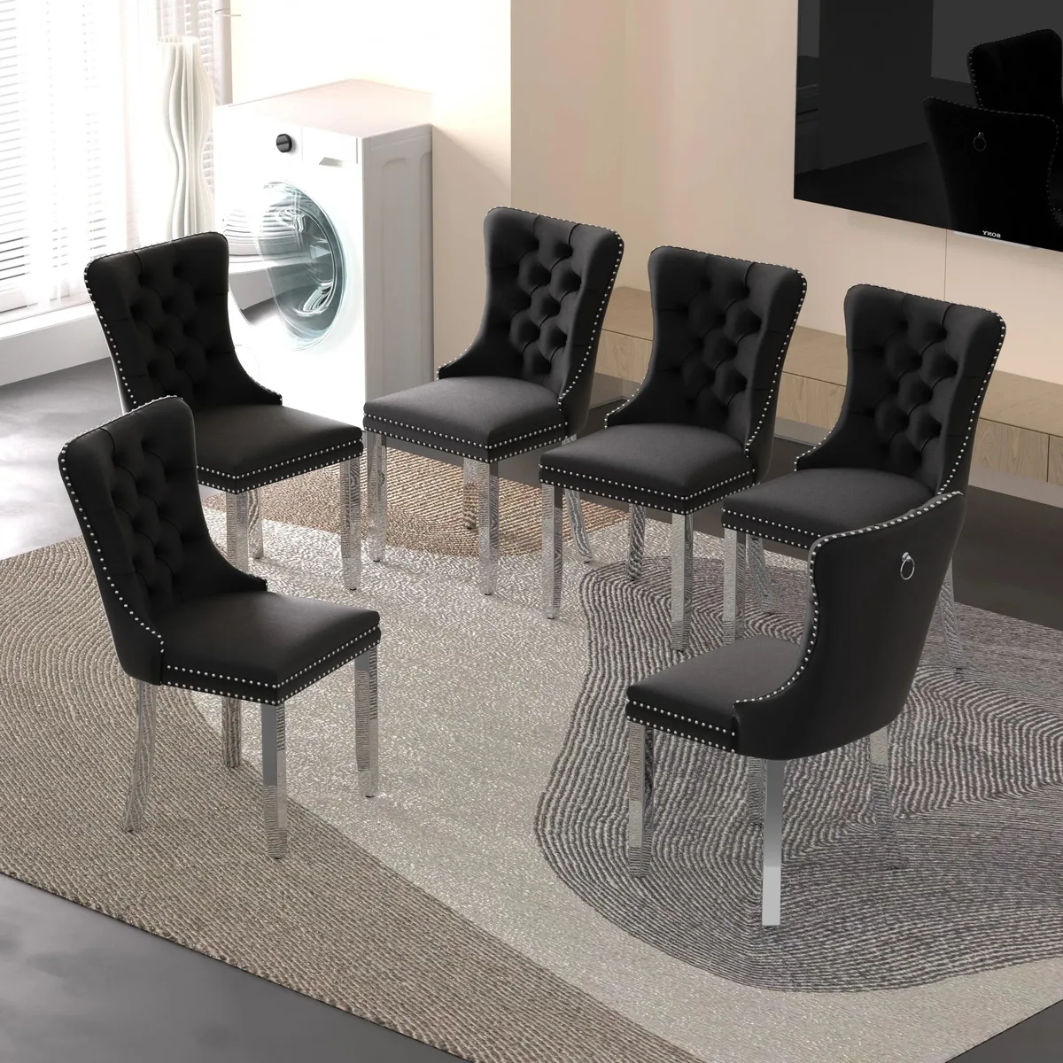 Sumdeal Sumdeal Velvet Dining Chairs Set of 6 Black Silver Legs — product photo
