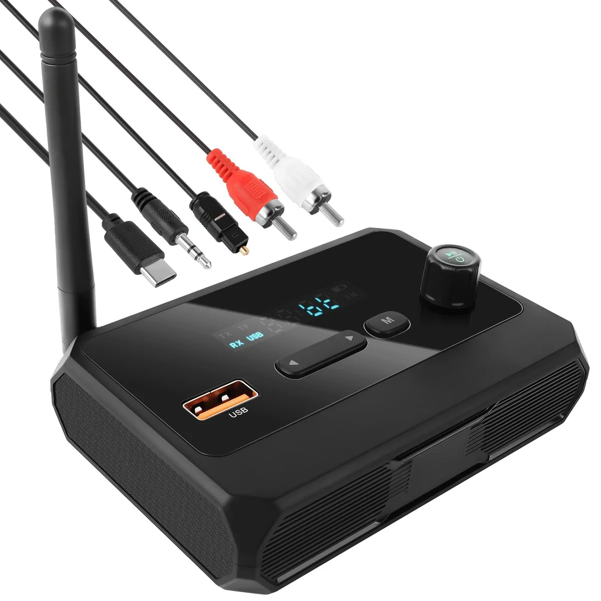 Small black box with RCA, optical, 3.5mm, USB ports and volume knob