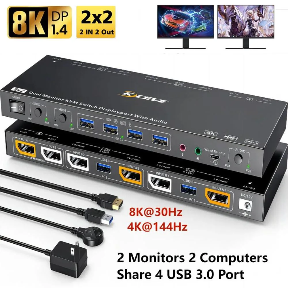 SMA SMA USB 3.0 DisplayPort KVM Switch Dual Monitor 2 Computer 8K@30Hz 4K@144Hz — product photo