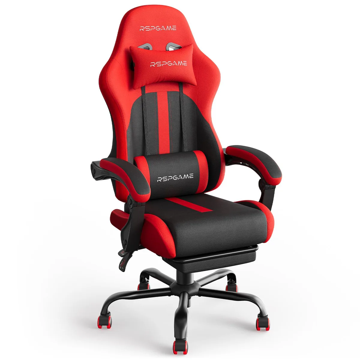 Red gaming chair with pocket spring cushion, lumbar support, retractable footrest and PU leather finish