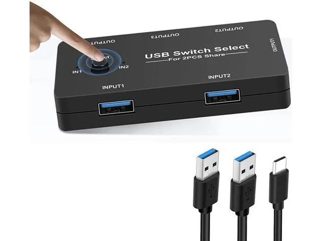 Small black box with one button, four front ports, two rear cables and a USB-C power socket