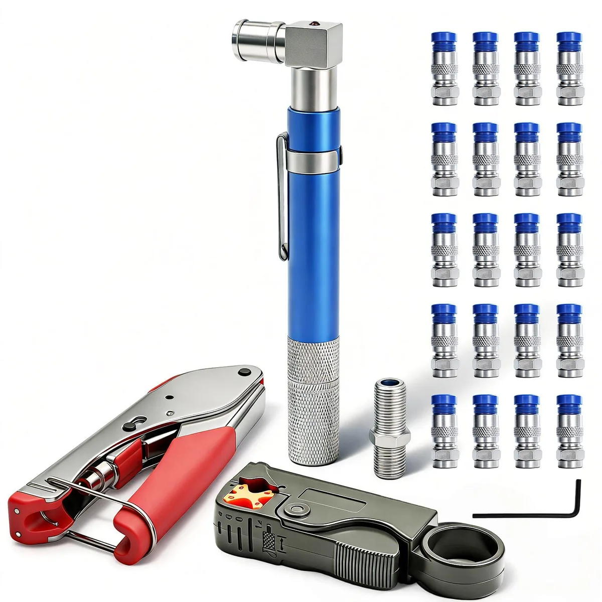 Pocket coaxial toner kit with crimper and barrel connector
