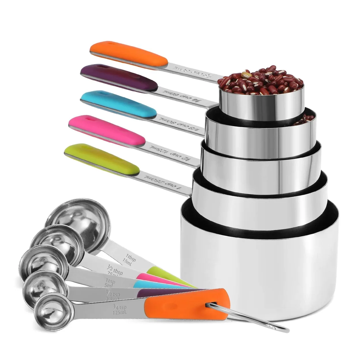 Stainless steel measuring cups and spoons set with colourful handles