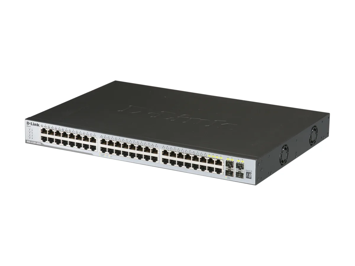 Silver 1U rack-mount switch with 48 RJ-45 ports and four SFP slots