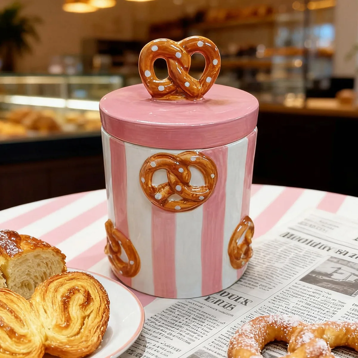 Hand-painted ceramic pretzel jar with airtight lid, 4.25 by 5.9 inches