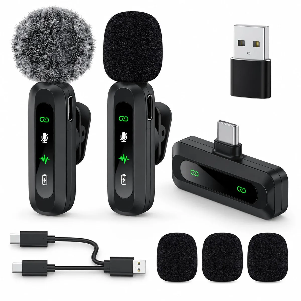 Small black wireless mic kit with two clip-on transmitters and USB-C receiver