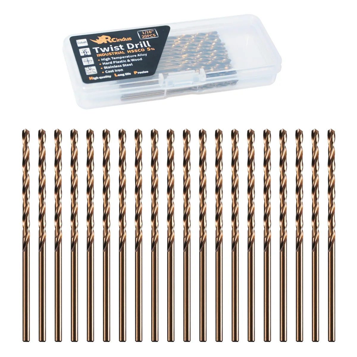 Twenty cobalt drill bits in a plastic case