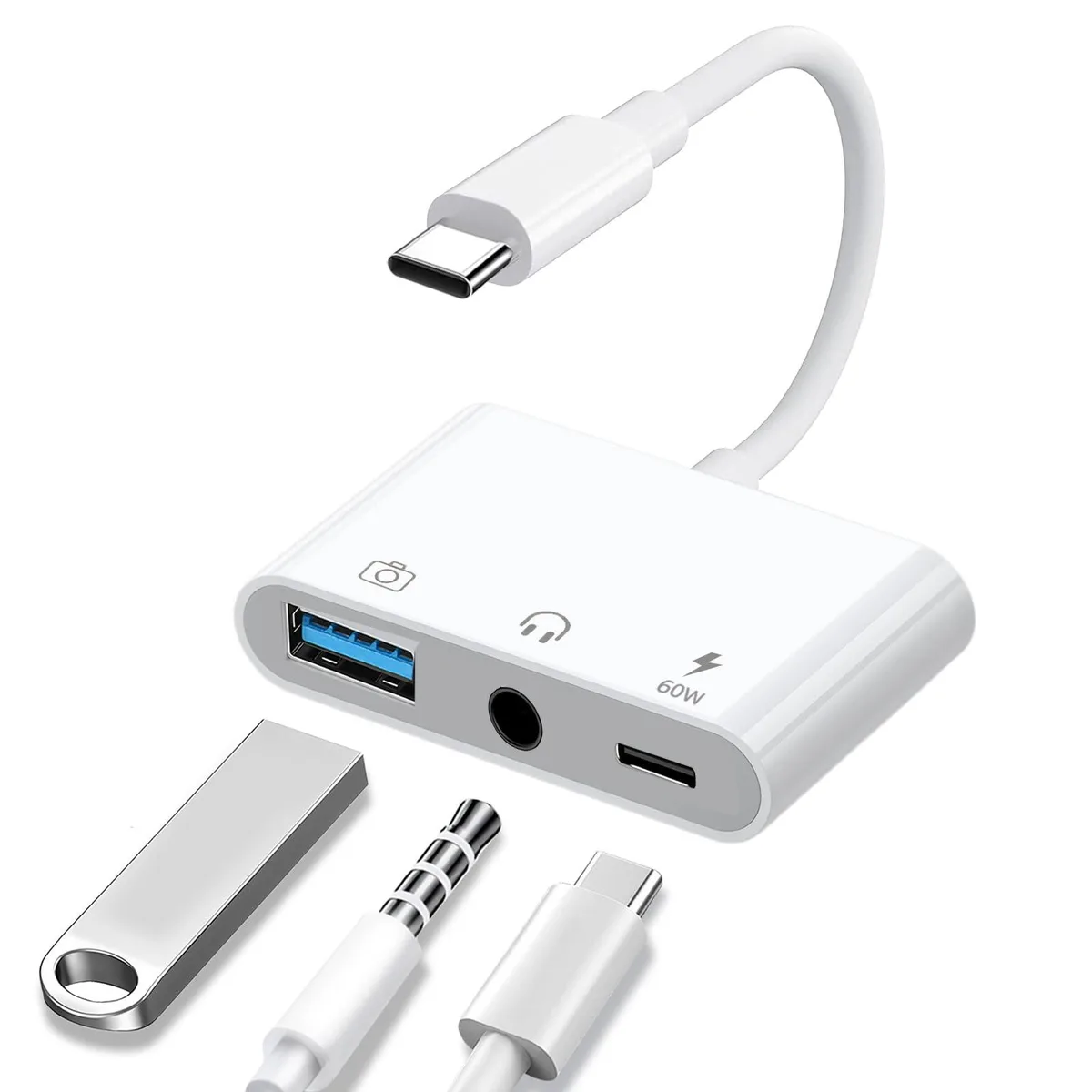 White three-port USB-C adapter with 3.5mm jack, USB-A and PD charging port