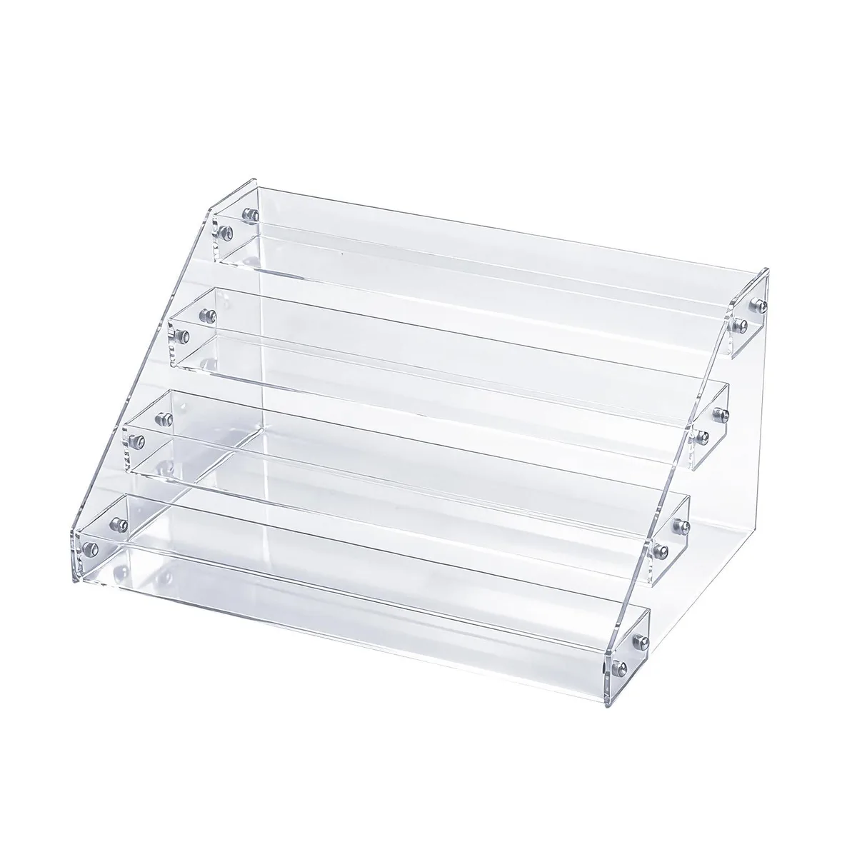 Clear acrylic four-tier display rack, 12.2 by 8.5 by 6.2 inches, weighs .522 kg