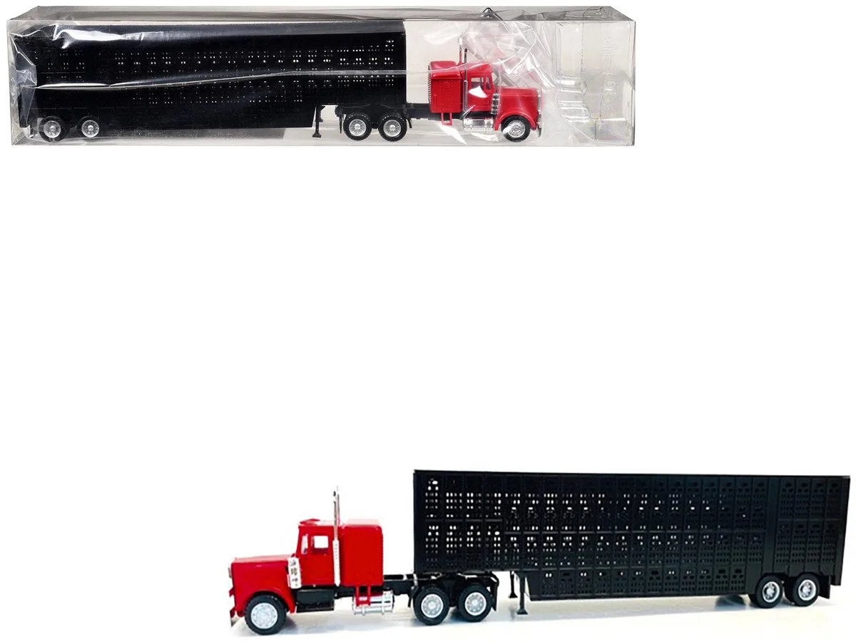 Promotex Promotex Peterbilt Sleeper Cab Red with Black Livestock Trailer 1/87 HO 8.75 in — product photo