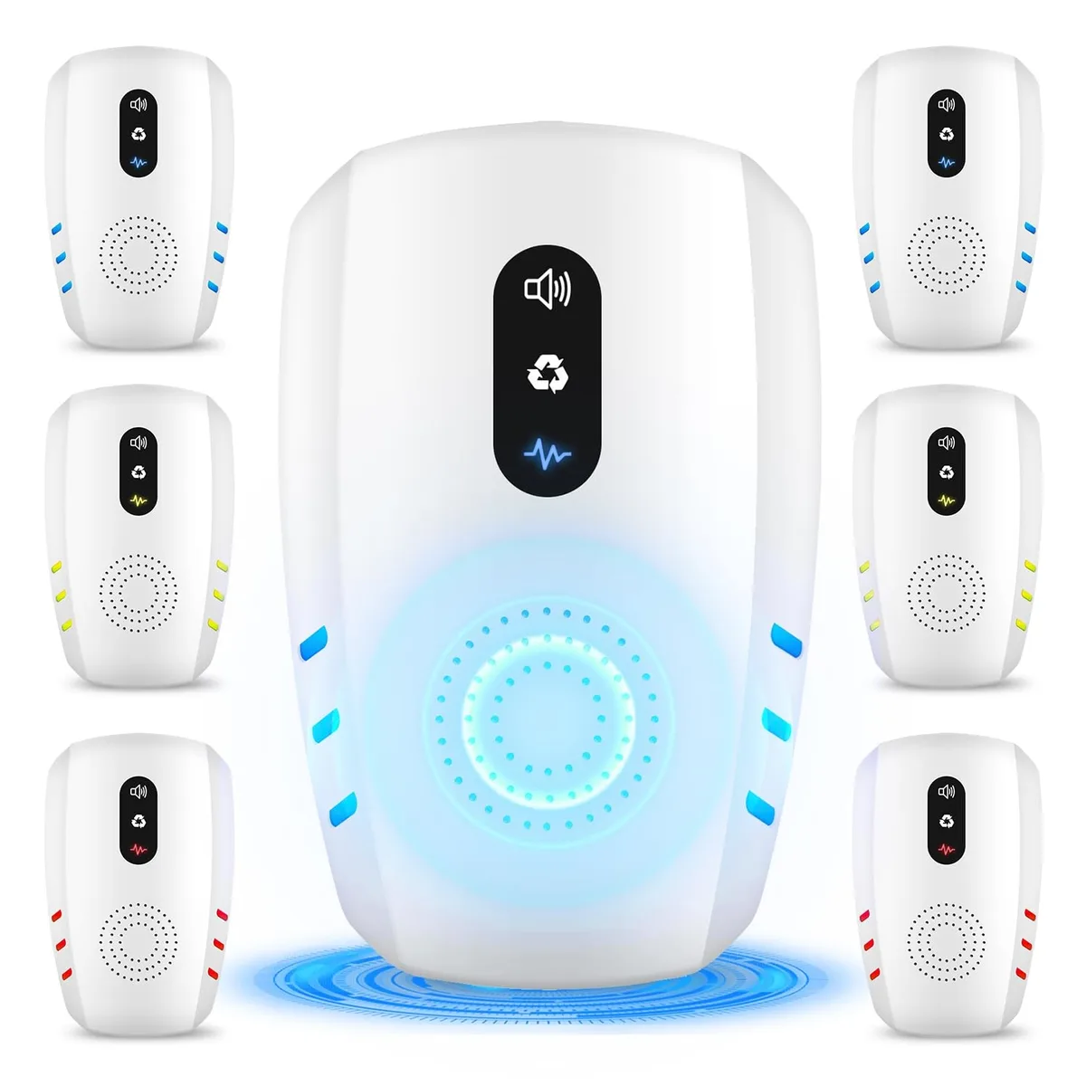 Six white ultrasonic pest repeller units with plug-in prongs