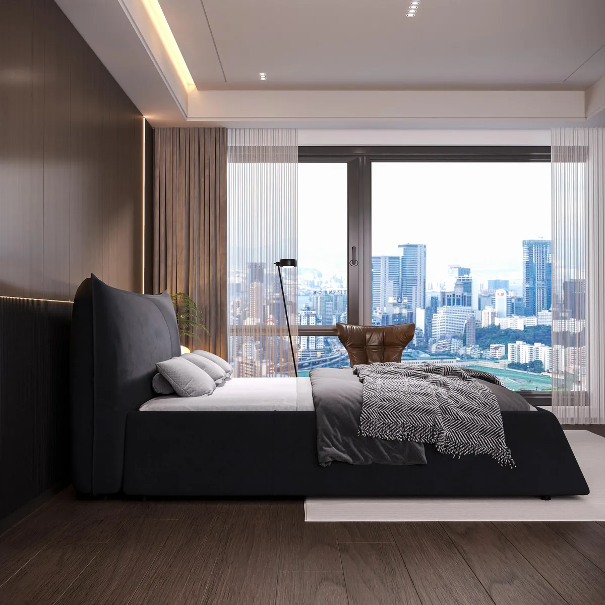 King-size upholstered platform bed in black velvet with shaped headboard and solid wood frame