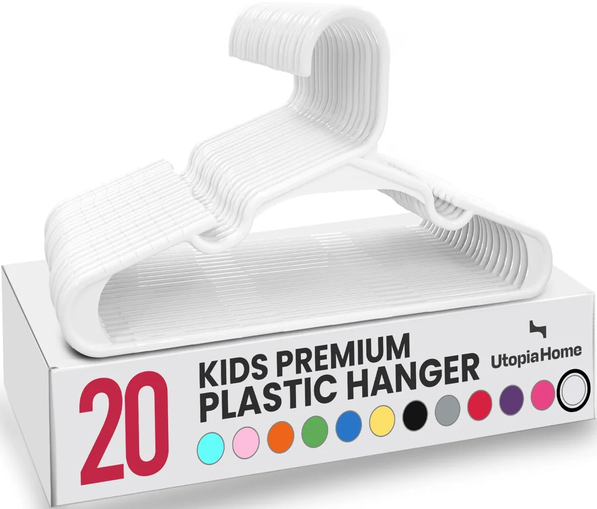 Pack of twenty white plastic kids hangers with shoulder grooves and anti-slip bars