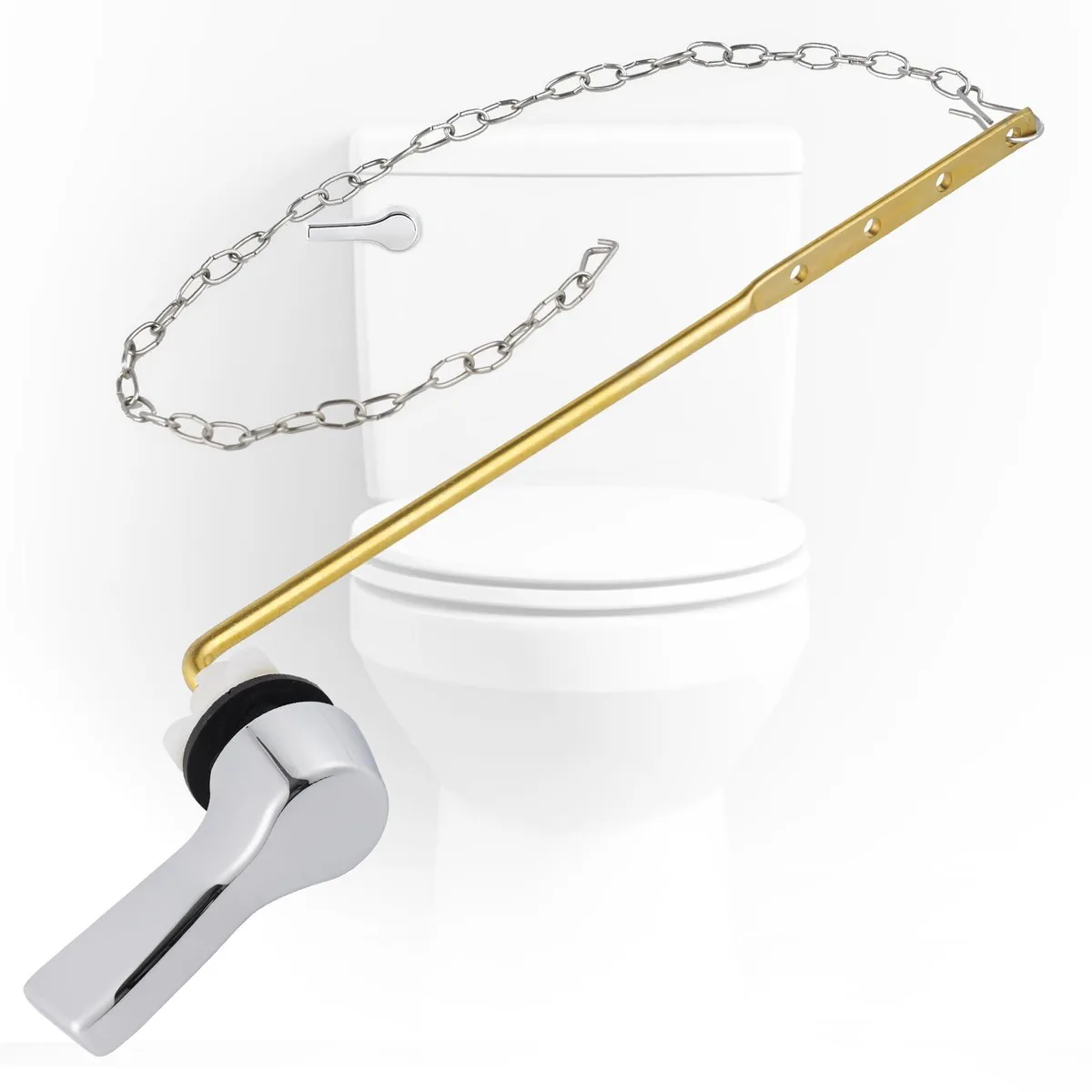 Chrome front-mount toilet handle lever, brass arm with textured grip, adjustable holes, stainless chain included