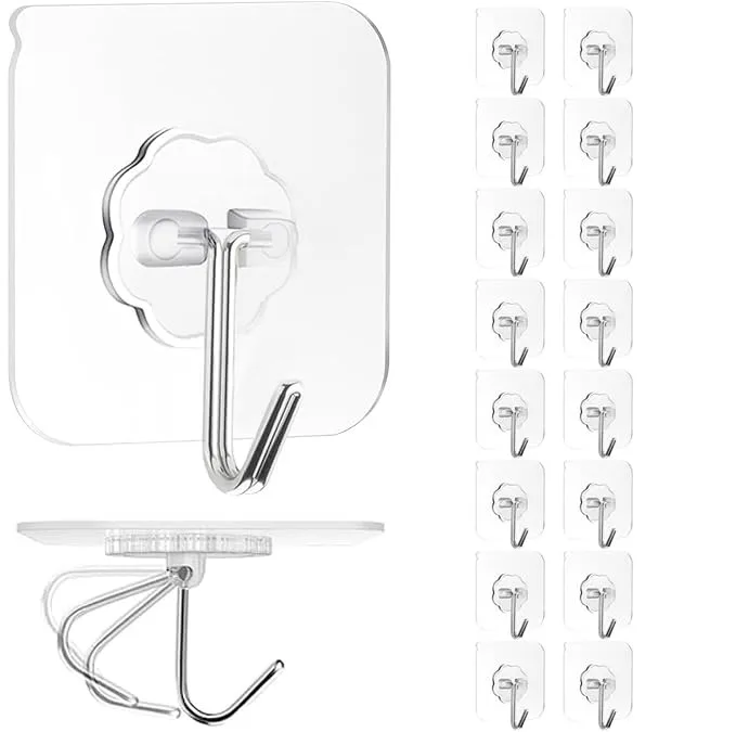 Transparent adhesive hooks, 24 pack, stainless steel and PVC, 2.3 inch square, 33lb capacity