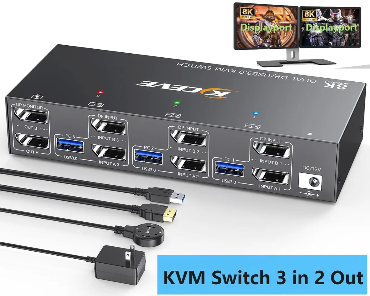 WRIARICH WRIARICH Dual Monitor DP KVM Switch 3 PC 2 Mon 8K@60Hz 4K@144Hz 4 USB 3.0 Wired Remote 12V Power — product photo