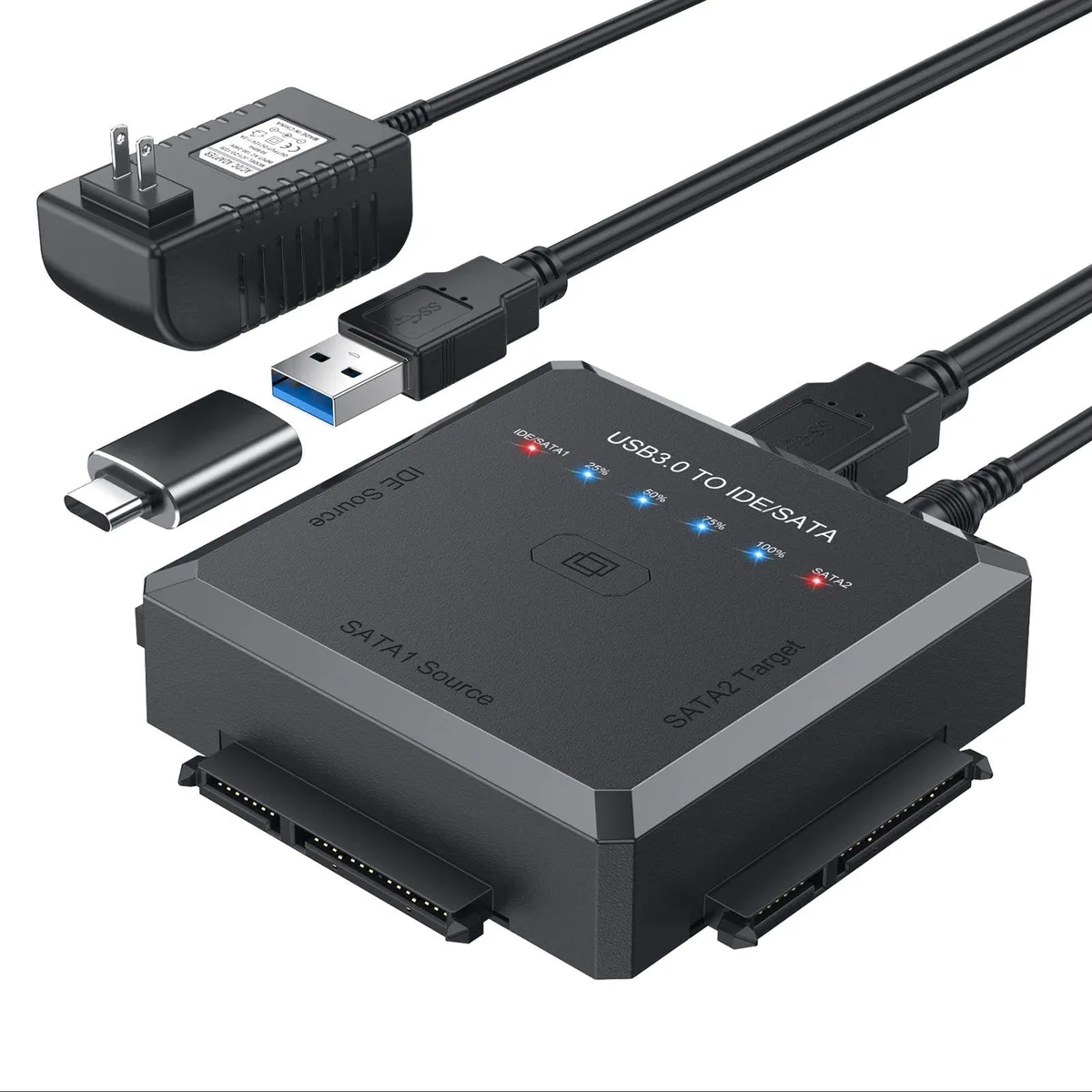 Black rectangular adapter with SATA and IDE ports, USB 3.0 cable, and 12V power supply