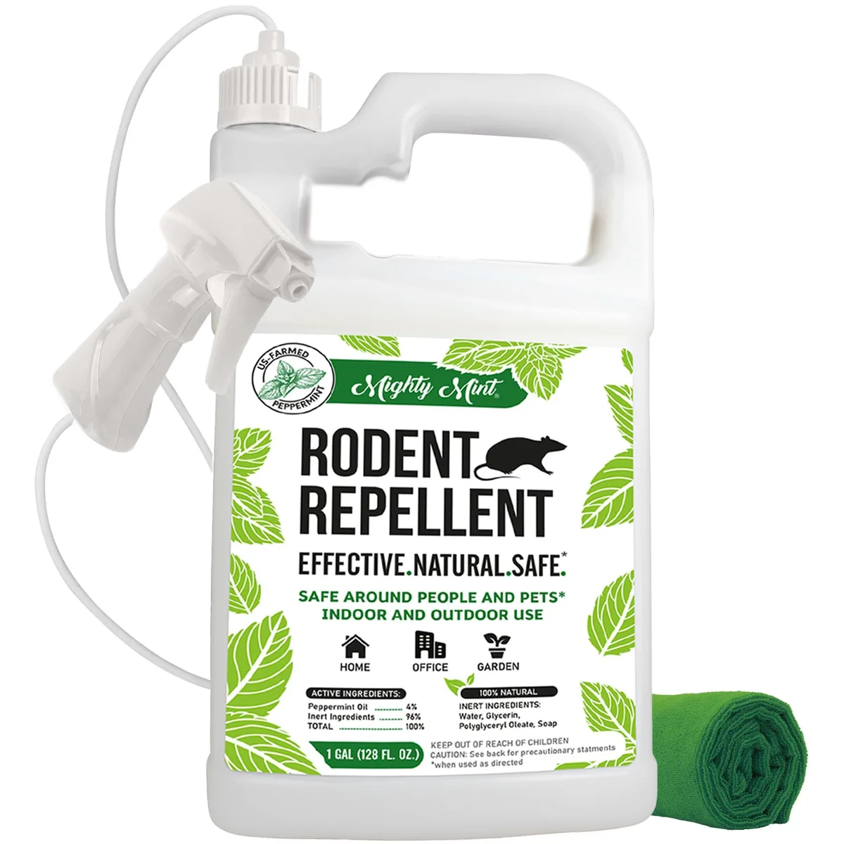 White one-gallon spray bottle with trigger and microfiber cloth