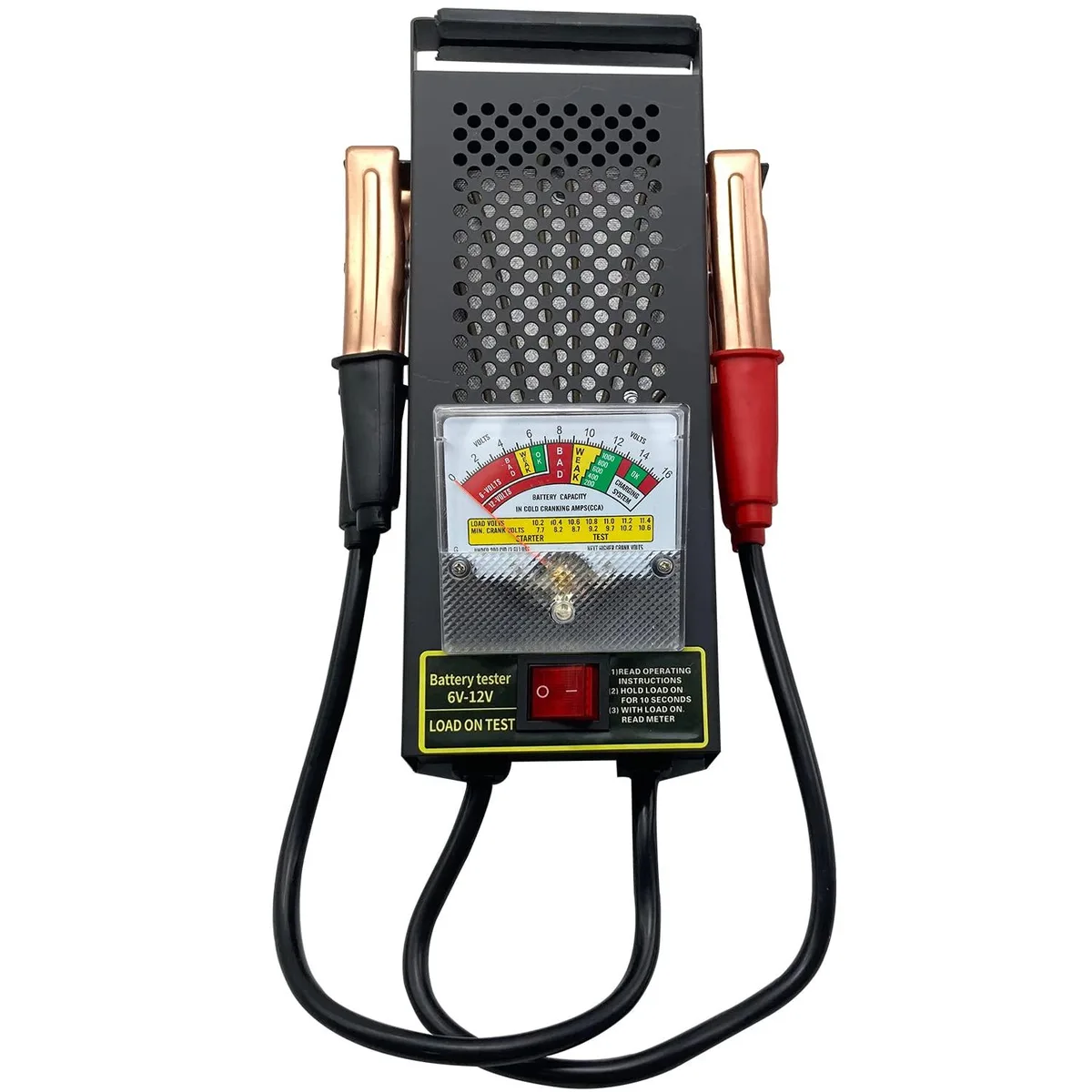 Rectangular grey battery load tester with integrated voltmeter display, red and black alligator clips, and top carry handle