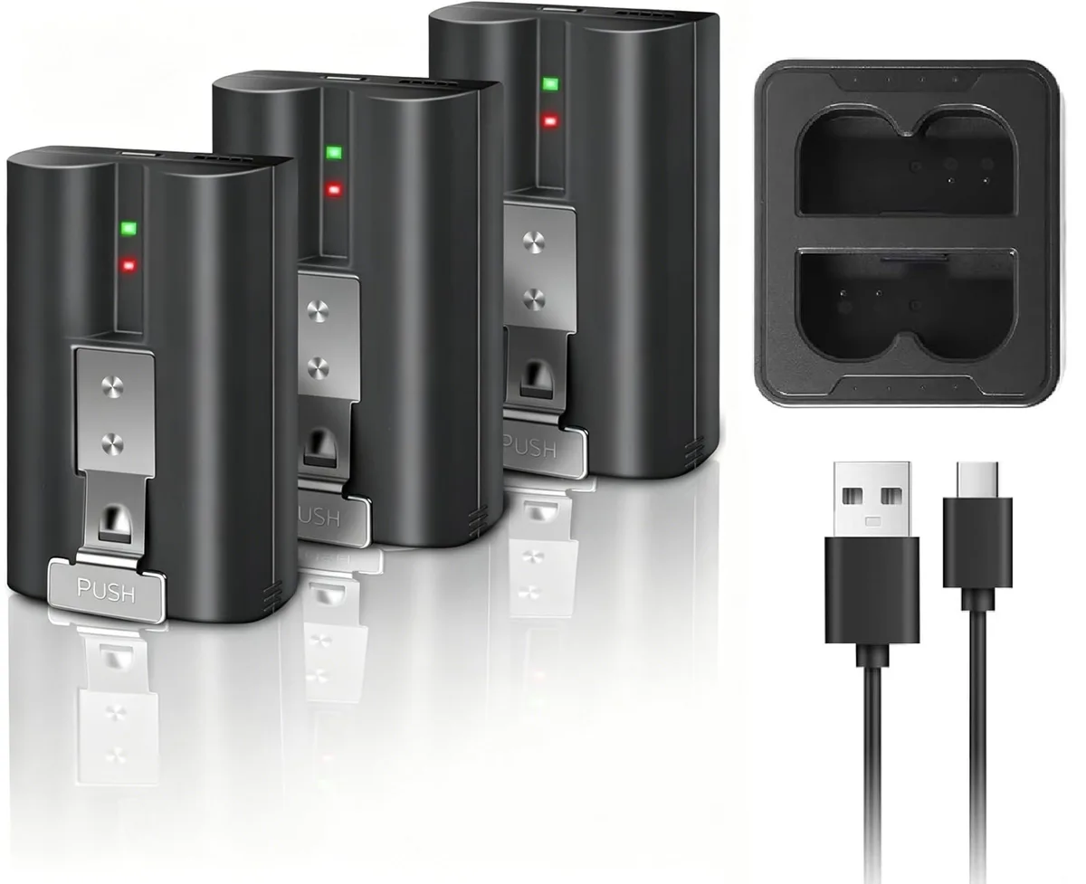  Temfanic CRV4 3.65V 6040mAh camera battery with charger station 3 pack — product photo