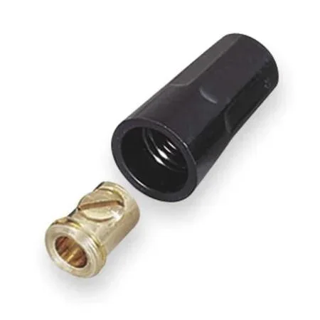 Small brass mechanical connectors with black set screws in a pack of ten