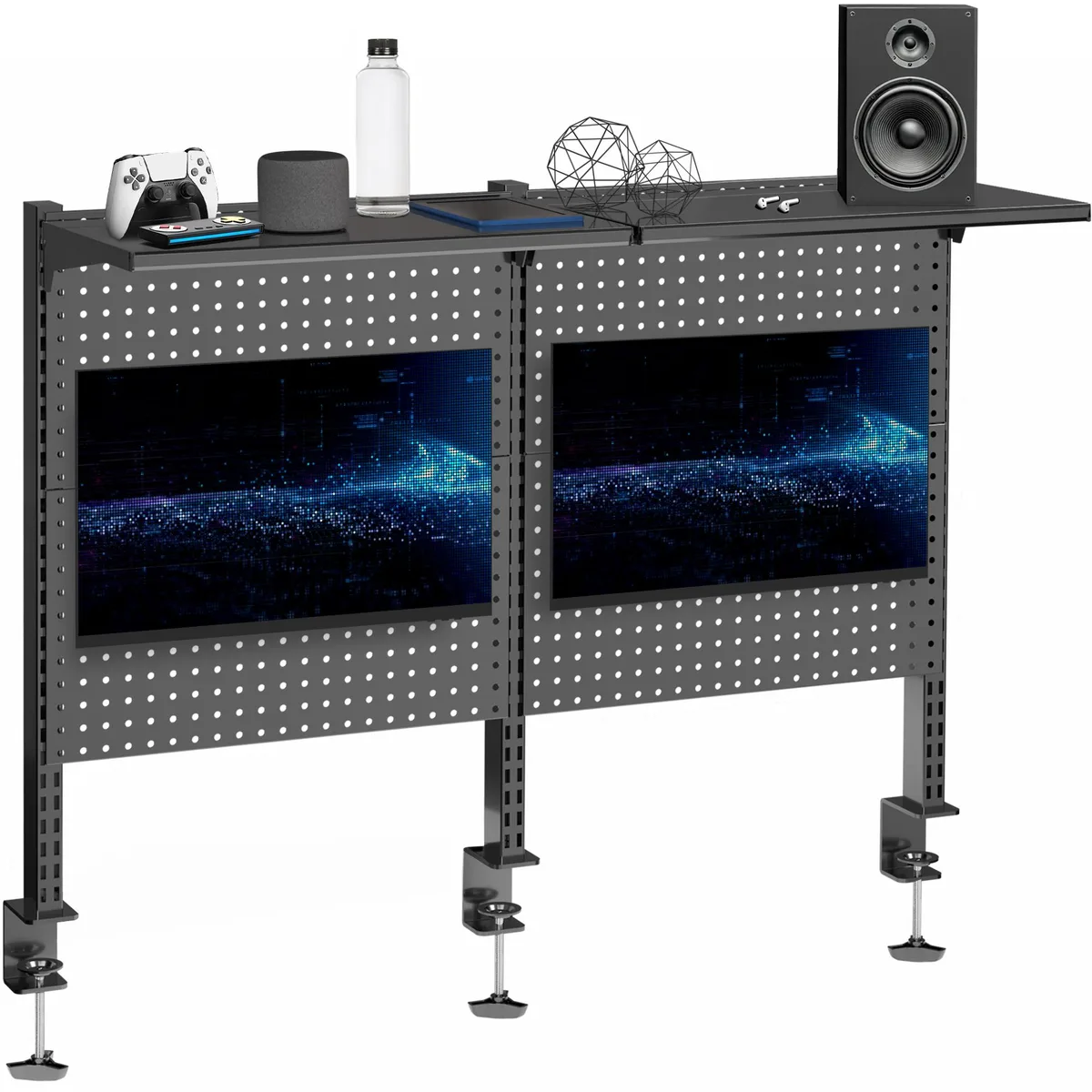 VIVO VIVO 47" Black Steel Clamp-on Pegboard with Monitor Mounts & Shelf — product photo