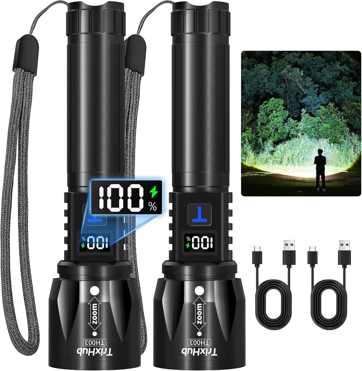Two silver aluminium flashlights with zoom heads and LCD screens side by side