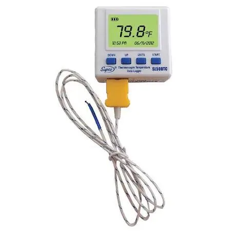 Small white rectangular data logger with digital display