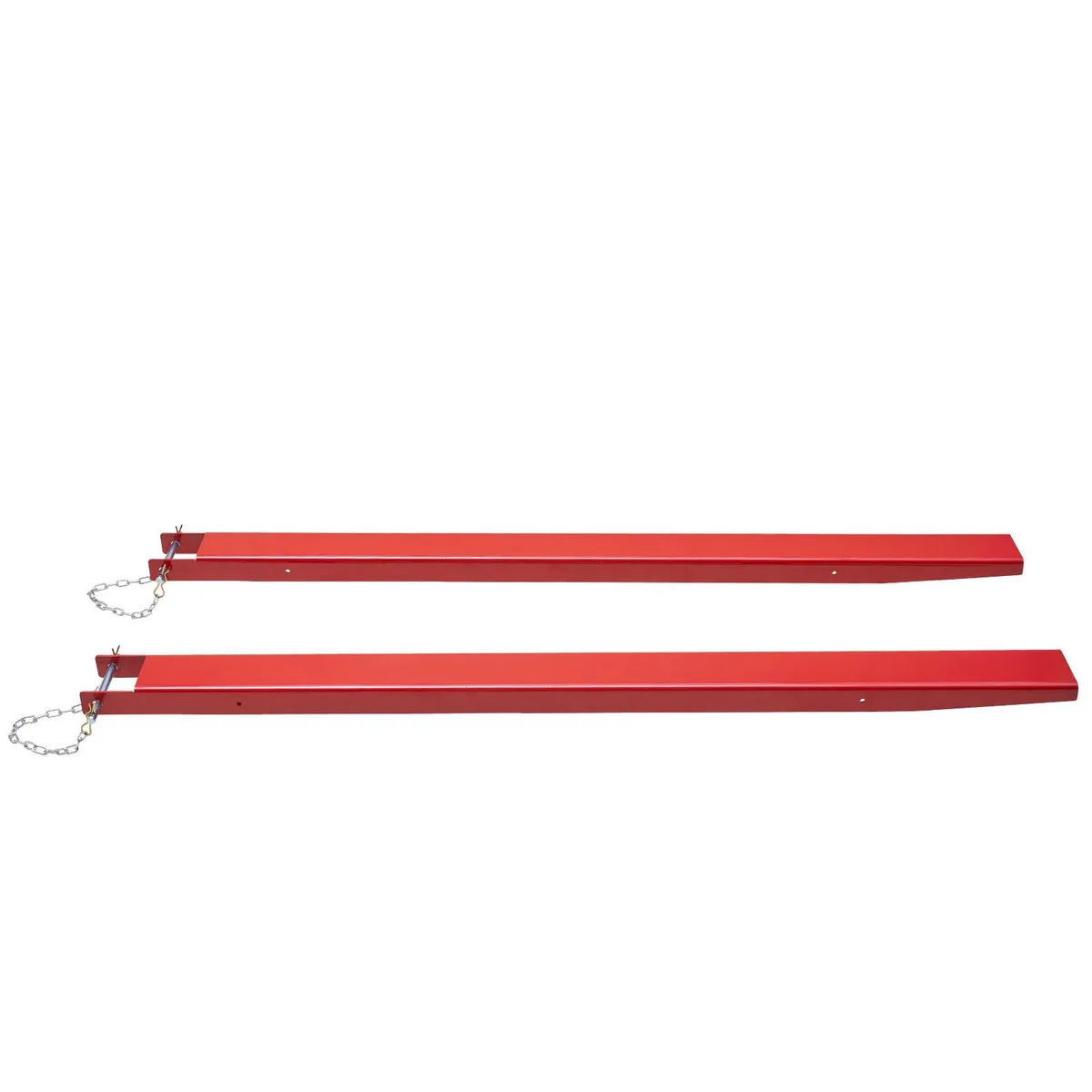 Pair of red steel pallet fork extensions, 82 inches long, 4.5 inch inner width, powder-coated finish with locking pins