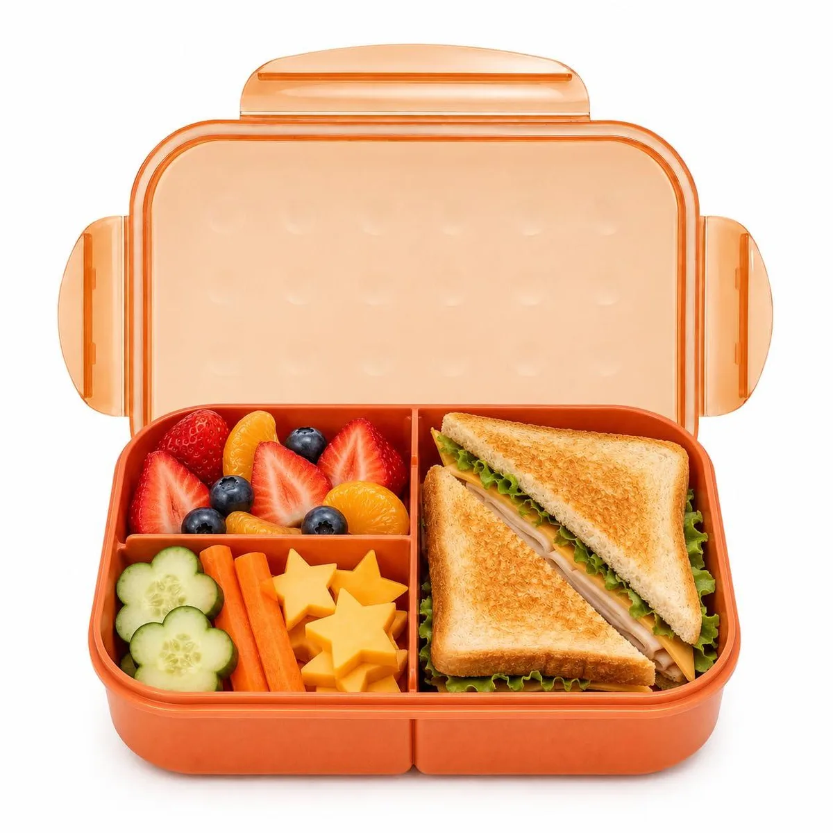 Rectangular coral bento box with three compartments and four side latches