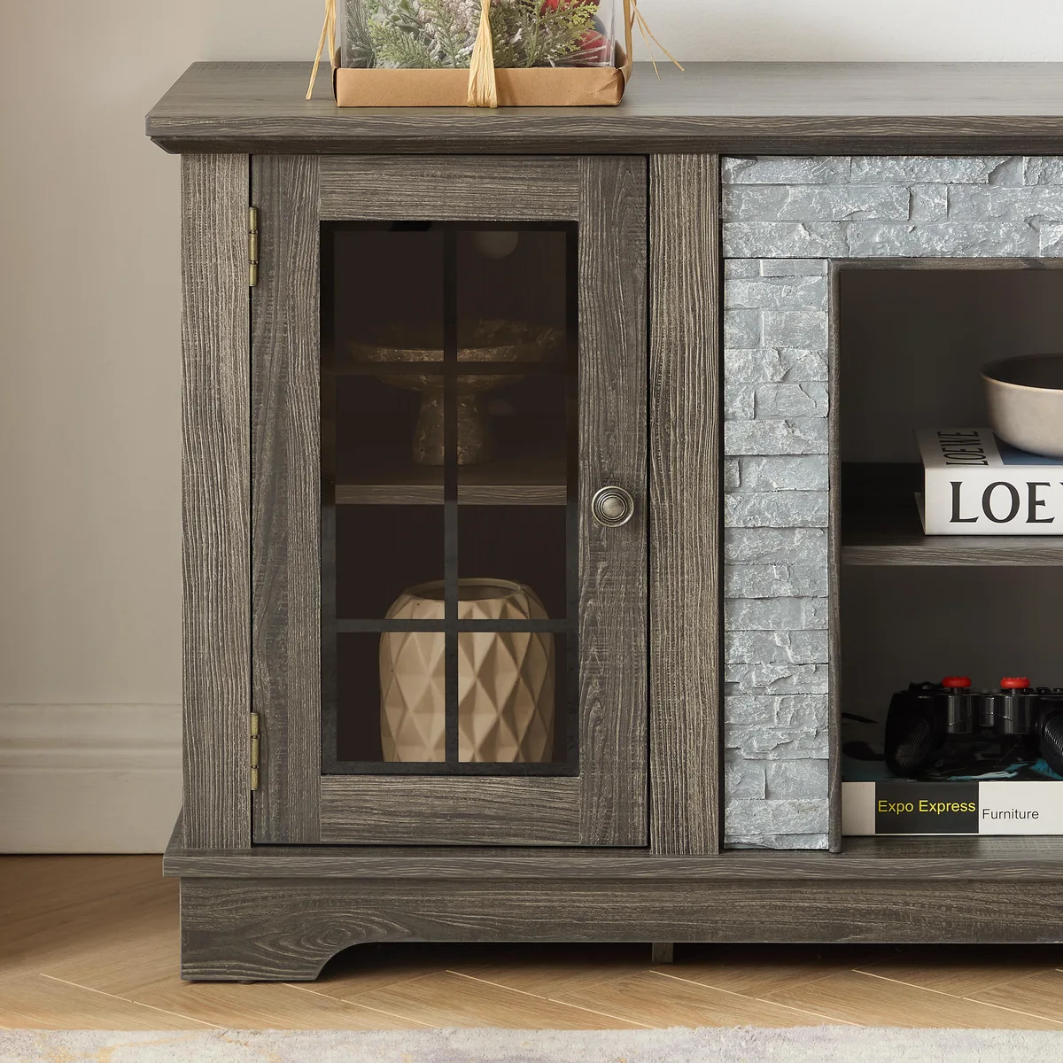 tuphen tuphen 58" TV Stand with Faux Stone, Grey Home Entertainment — product photo