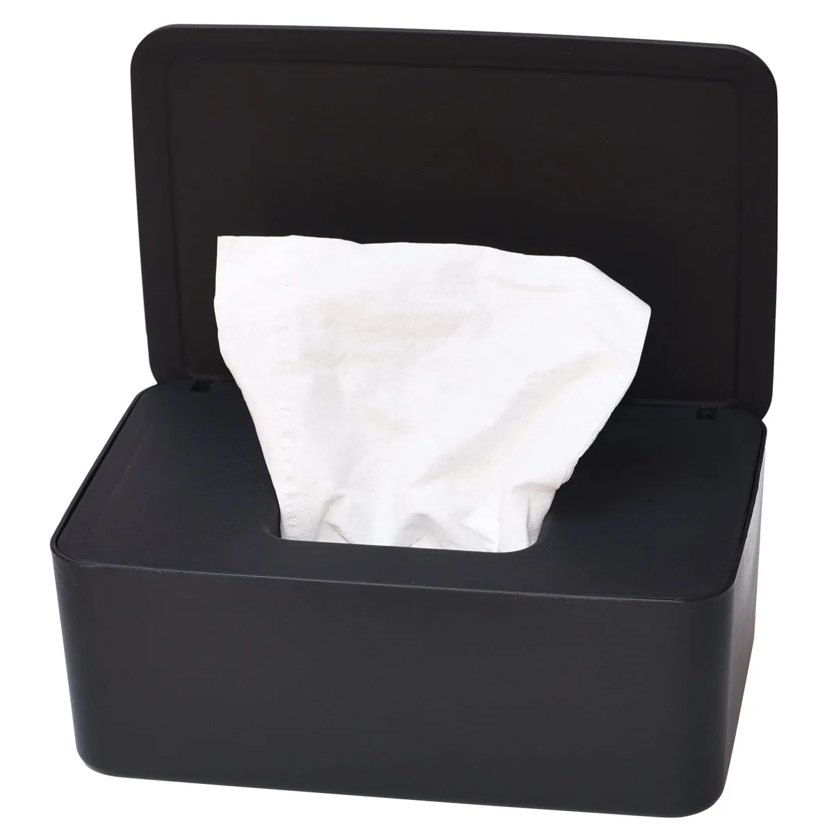 Black rectangular wipes dispenser with rubber seal and non-skid feet