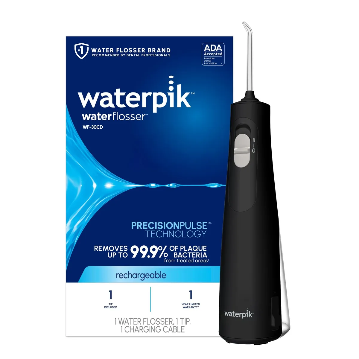Black cordless water flosser with ergonomic non-slip grip and removable reservoir