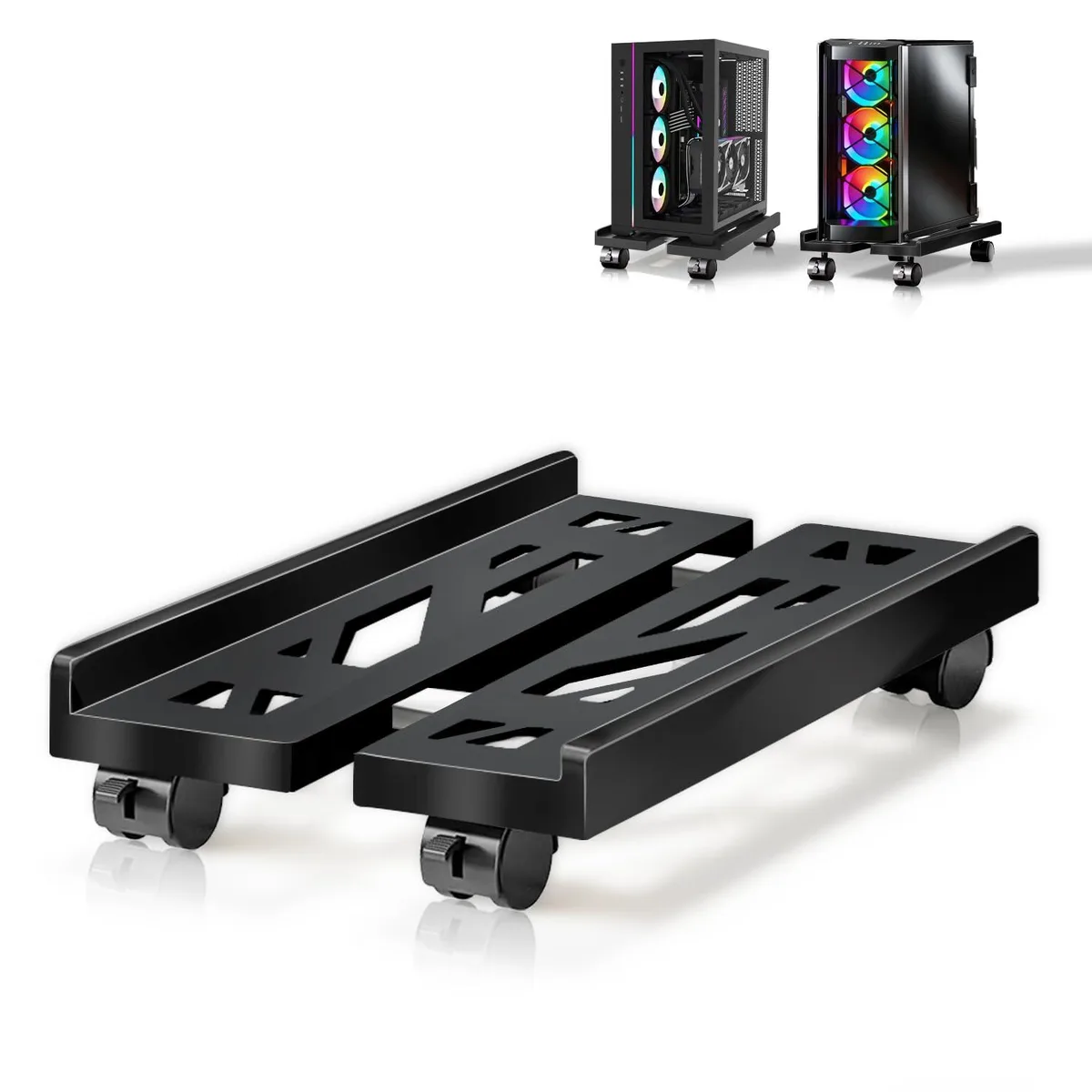 Black adjustable CPU rolling stand with four lockable caster wheels