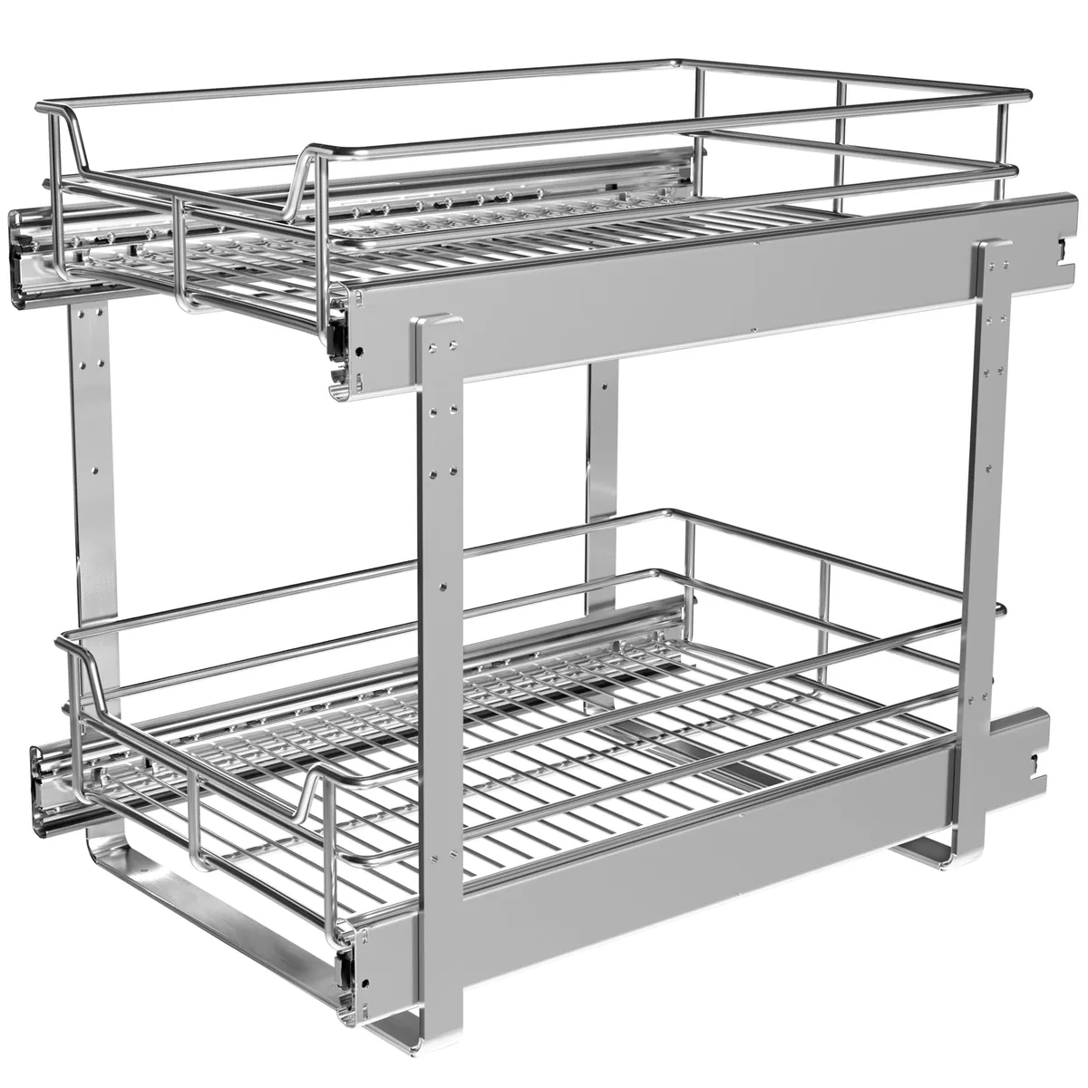 Two-tier chrome wire pull-out shelf unit, 14 by 22 inches, with U-brackets and rear mounts