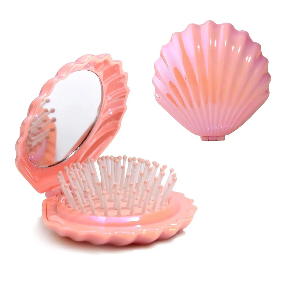 Pink shell-shaped foldable hairbrush with mirror, shiny metallic finish, compact size