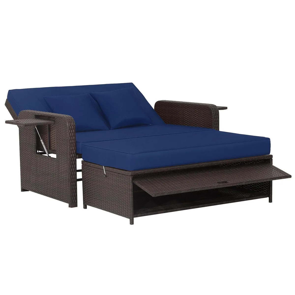 Navy PE rattan daybed with adjustable backrest and retractable tray