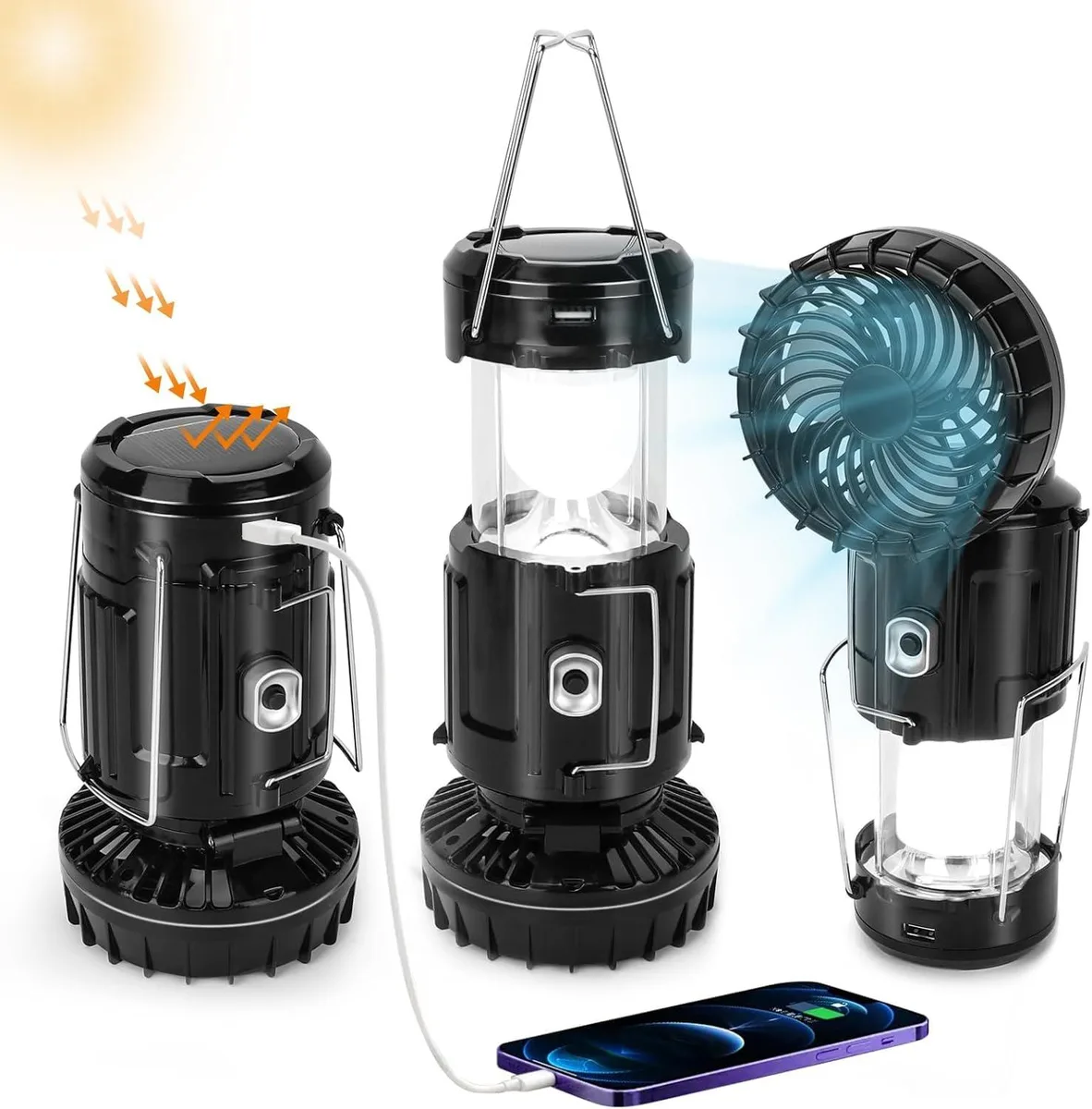 Two black collapsible LED lanterns with integrated fans and solar panels