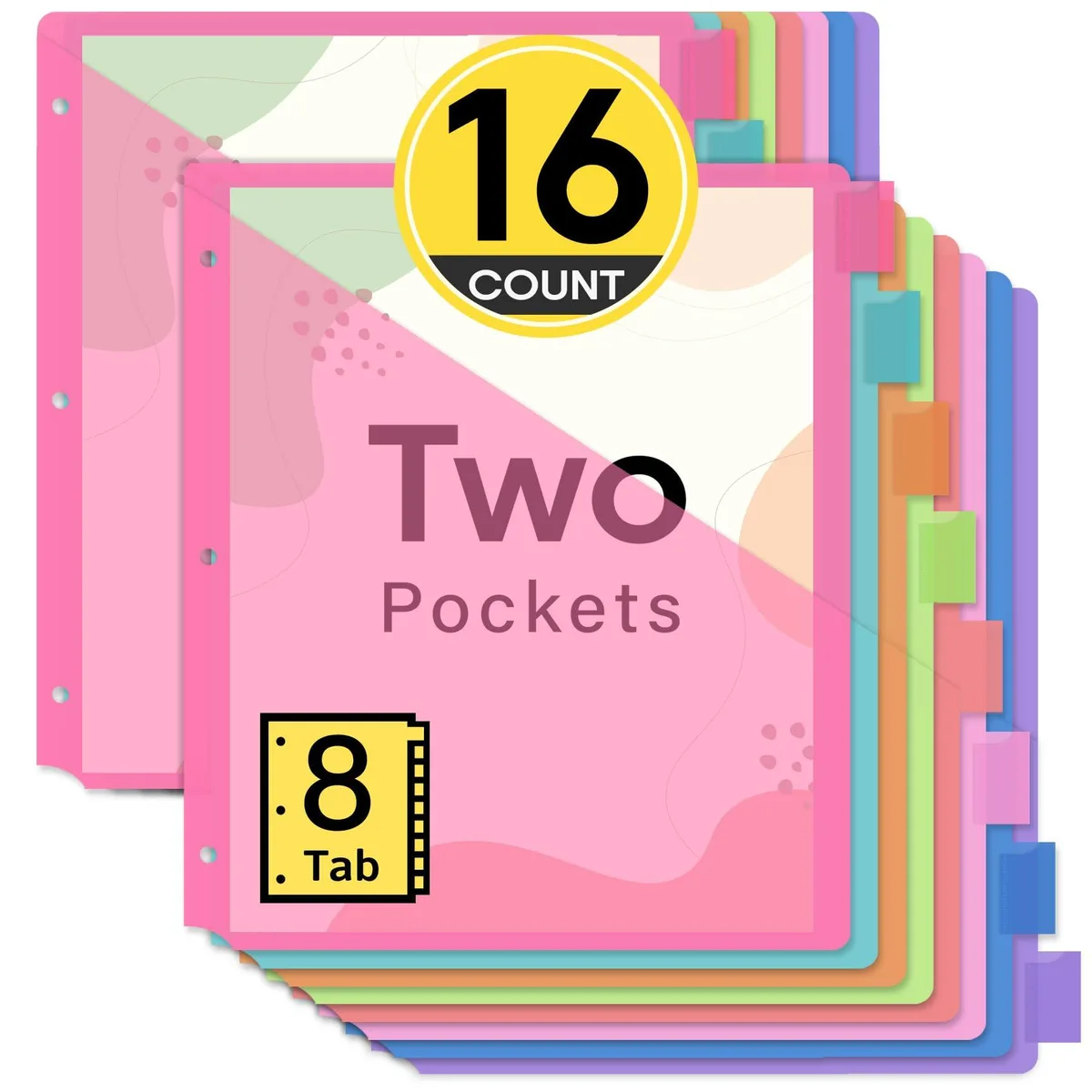 Pastel plastic 3-ring binder dividers with 8 tabs and double pockets, 16 count