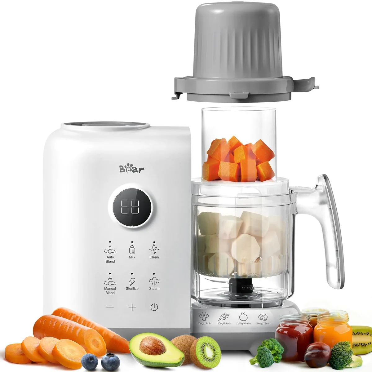 White compact baby food processor with dual steam baskets and blending jar