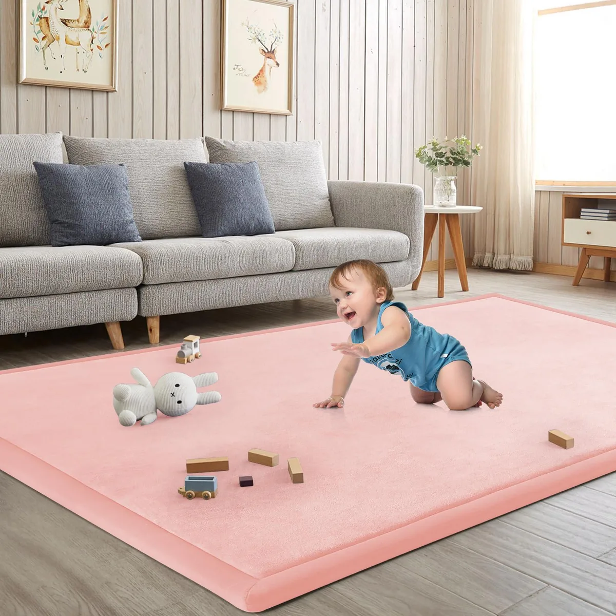Square light pink velvet rug with thick padded foam core, 47 by 47 inches