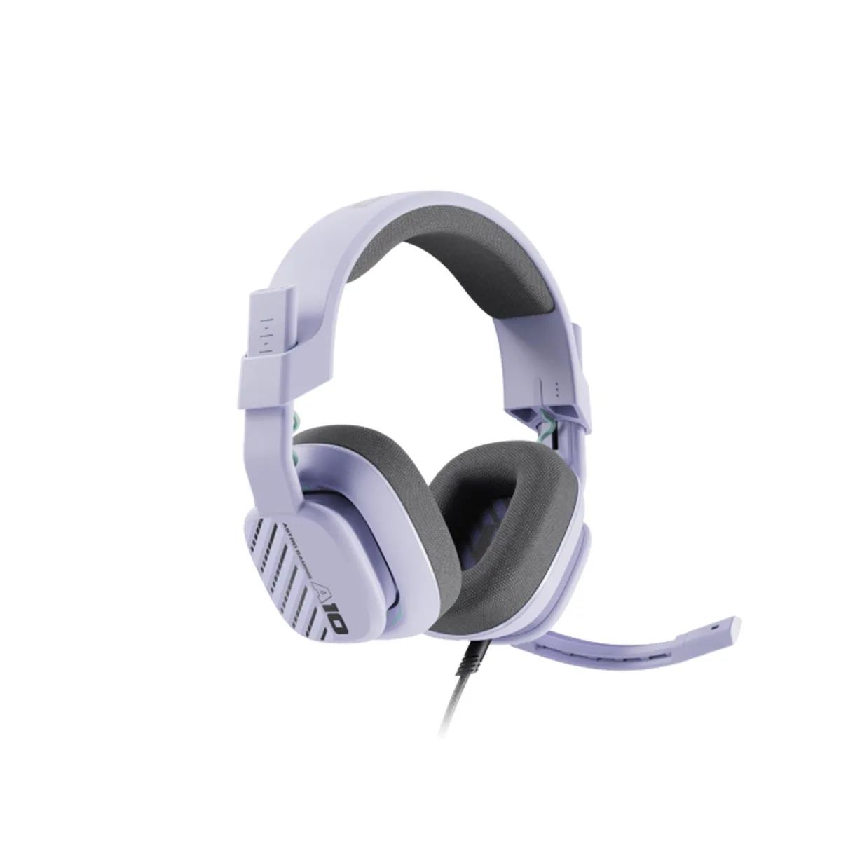 Purple wired gaming headset with on-ear cushions and flip-up microphone