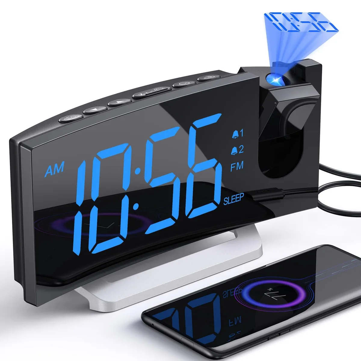 Blue curved digital alarm clock with ceiling projection lens and USB port