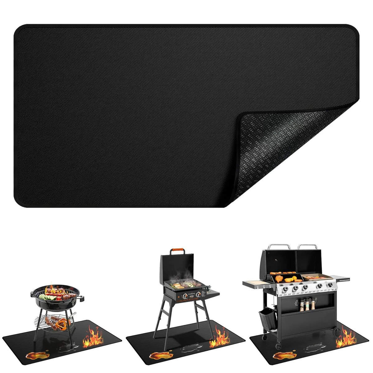 Large rectangular grill mat, 65 by 39 inches, 2mm thick, dark grey silicone-coated surface with stitched edges
